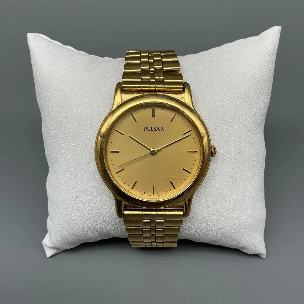 Vintage Pulsar Mens Watch 34mm Gold Tone Round V501-X080 New Battery 7.5